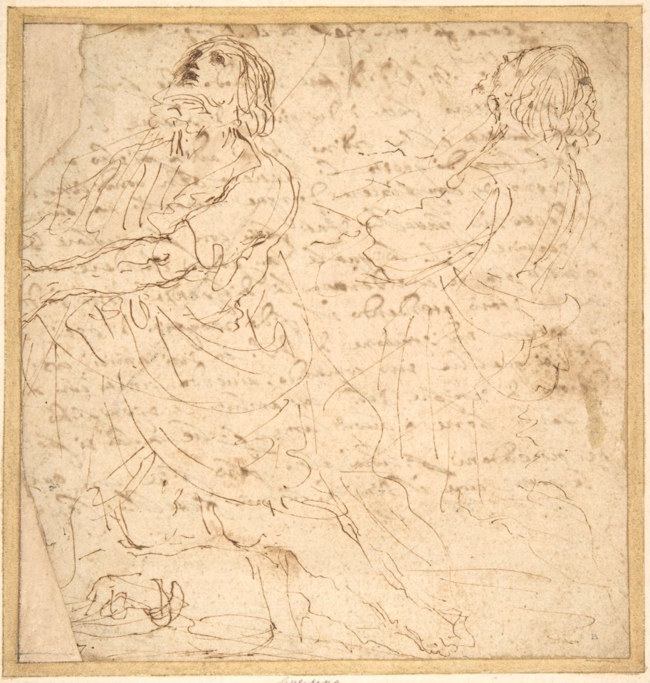 Two Studies of a Kneeling Male Figure (recto); Handwritten letter (verso) MET DP810130