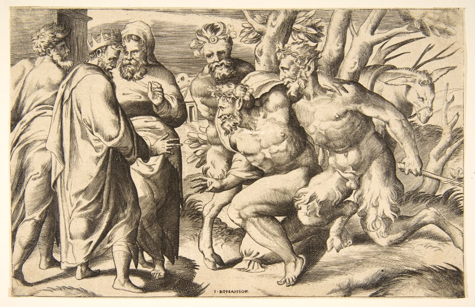 Two satyrs brining Silenus King Midas standing at the left MET DP812466