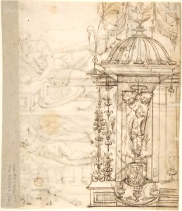 Two Scenes placed One above the Other of a Reclining Warrior and a Reclining Putto (recto); Grotesque Fountain with a Warrior (verso) MET DP800636
