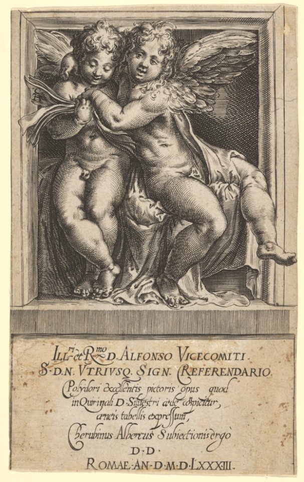 Two seated angels, arms around one another, the one on the left looking down at a song book, from The Angels' Concert MET DP836925