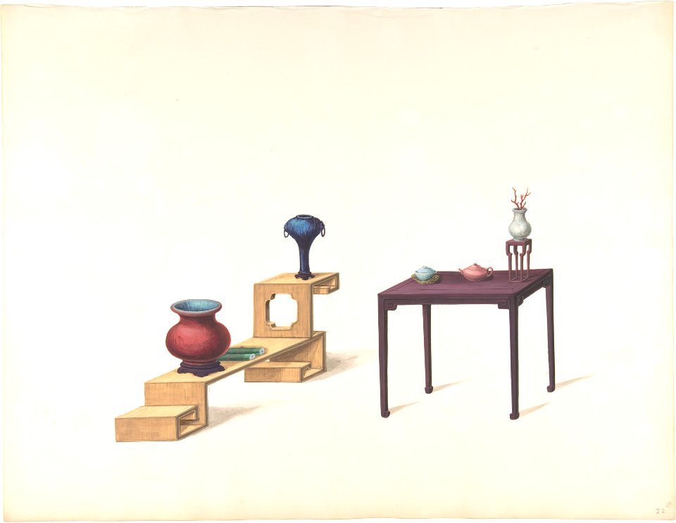 Two Tables, One Blond the Other Purple Lacquer, both with Vases and Objects MET DP807518