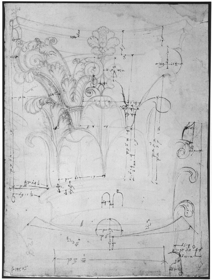 Unidentified Corinthian capital, elevation, section, and ceiling plan (recto) blank (verso) MET sf68 769 31r-MM43666
