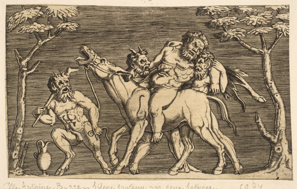 Two satyrs placing Silenus on a braying mule and a third satyr at left MET DP818615
