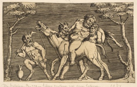 Two satyrs placing Silenus on a braying mule and a third satyr at left MET DP818615