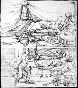 Two Scenes placed One above the Other of a Reclining Warrior and a Reclining Putto (recto); Grotesque Fountain with a Warrior (verso) MET MM37926