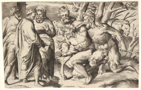 Two satyrs leading Silenus to King Midas, who stands at left with two male attendants, a mule trails behind the satyrs MET DP832091