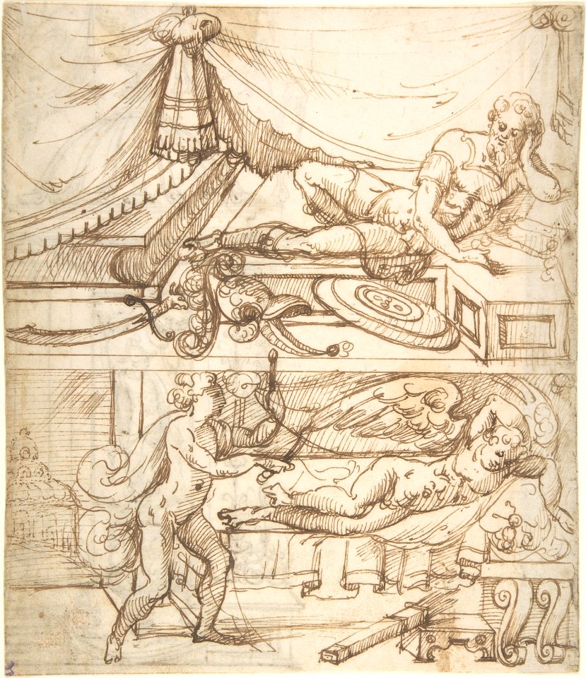 Two Scenes placed One above the Other of a Reclining Warrior and a Reclining Putto (recto); Grotesque Fountain with a Warrior (verso) MET DP800635