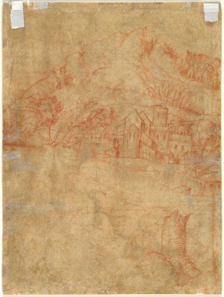 Two Seated Figures in a Landscape with Mountains and a Town (recto); Sketch of a Landscape with Mountains and Buildings (verso) MET DP843923