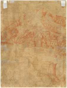 Two Seated Figures in a Landscape with Mountains and a Town (recto); Sketch of a Landscape with Mountains and Buildings (verso) MET DP843923