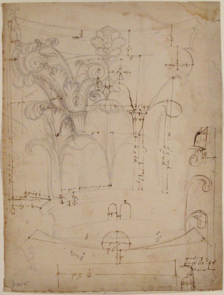 Unidentified Corinthian capital, elevation, section, and ceiling plan (recto) blank (verso) MET 68.769.31