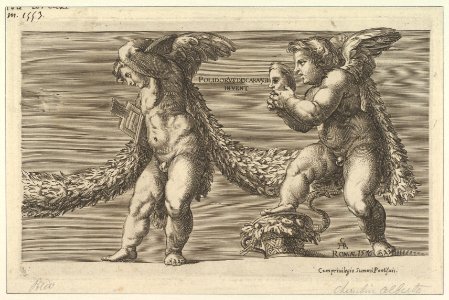 Two putti draped with a garland the one at right holding a mask MET DP836908