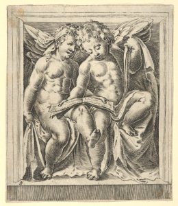Two seated angels, facing left, reading from a song book, from The Angels' Concert MET DP836934. Free illustration for personal and commercial use.