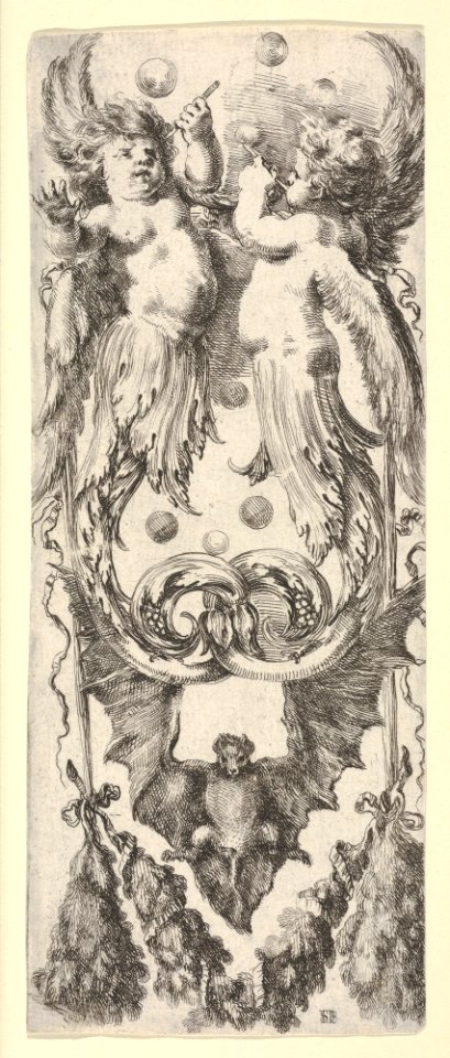 Two putti above, their legs ending in scrollwork, a bat below, from 'Ornaments or Grotesques' (Ornamenti o Grottesche) MET DP833532