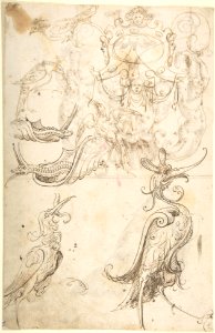 Various Grotesque Figure Studies and a Strapwork Cartouche (recto); Grotesque with Two Figures and Mask; and A Kneeling Cleric (verso) MET DP800631