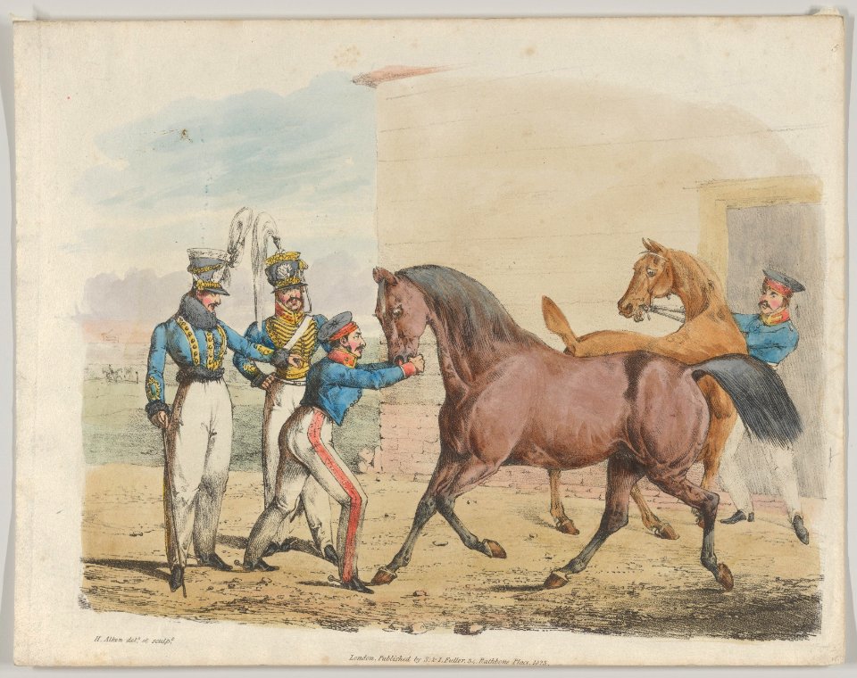 Two Soldiers of a Cavalry Unit, with Horses and Grooms MET DP835545 ...