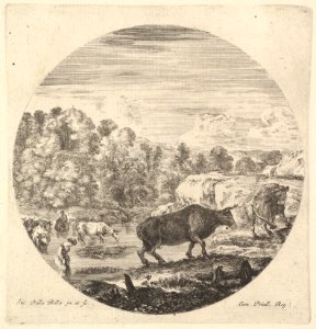 Two cows in center, followed by two peasant women and other cows in the river to left, a round composition, from 'Six animal subjects' (Six sujets d'animaux) MET DP827817