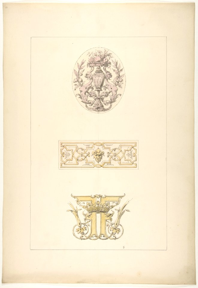 Two designs for decorative panels and one design for an ornamental monogram with a crown and the initials- FF MET DP811237
