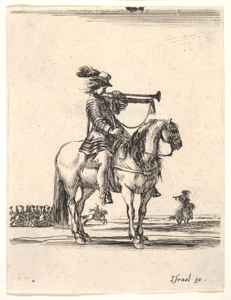 Trumpeter on horseback facing right, a group of horsemen in the background, from 'Various cavalry exercises' (Diverses exercices de cavalerie) MET DP833140