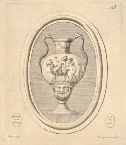 Vase with mask, a nude cup-bearing figure riding a goat followed by a satyr, and reptile handles, an oval composition MET DP834147