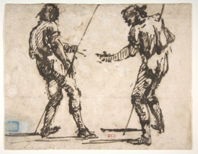 Two Men Holding Long Staffs (recto); Proof impression of part of an etching, and scribbles in the artist's hand (verso) MET DP811080. Free illustration for personal and commercial use.