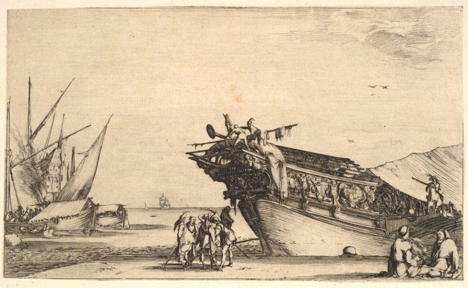 Two men sitting to right, one man is smoking, five men standing in center, the bow of a ship on shore to right, two other ships to left in the background, from 'Set of eight nautical landscapes' (Suite de huit Marines) MET DP829696