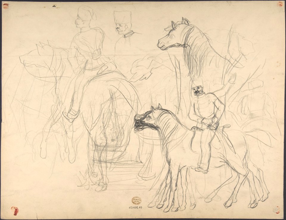 Two Men Resting by a Lake (recto); Studies for Soldiers Mounted on Horseback (verso) MET DP803712