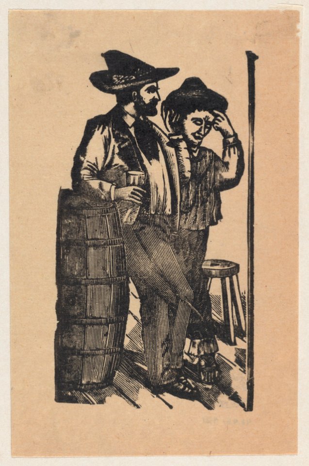 Two men leaning on a barrel and drinking MET DP869256-1
