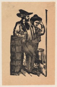 Two men leaning on a barrel and drinking MET DP869256-1