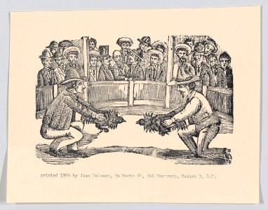 Two men in an arena holding cocks in preparation for a fight, spectators around the perimeter MET DP869592