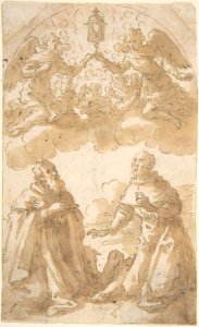 Two Male Saints Kneeling with Angels Holding a Reliquary. MET DP807826