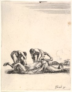 Two men skinning a horse that is lying on the ground with its hooves in the air, from 'Various cavalry exercises' (Diverses exercices de cavalerie) MET DP833130