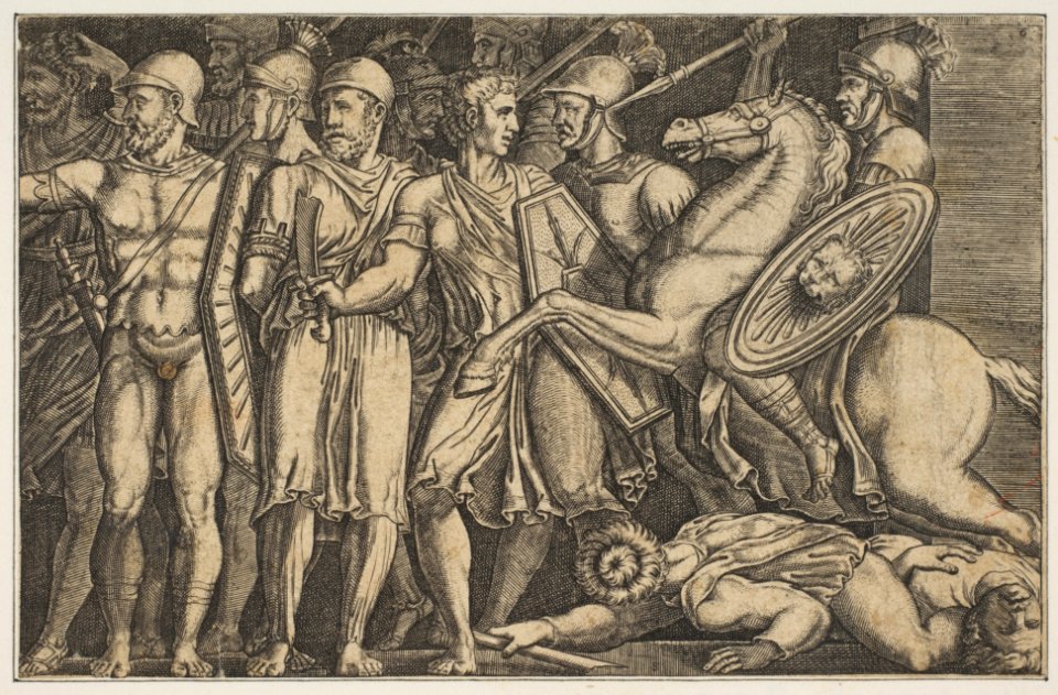 Trajan Fighting the Dacians; Trajan on horseback at right riding towards a group of soldiers at left and trampling two men MET DP818613