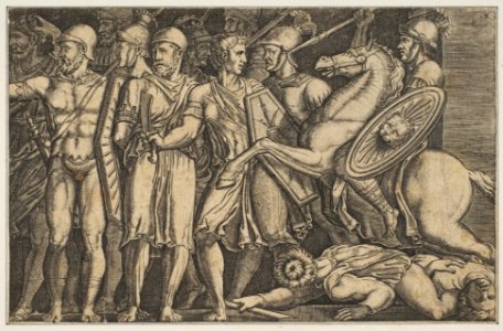 Trajan Fighting the Dacians; Trajan on horseback at right riding towards a group of soldiers at left and trampling two men MET DP818613