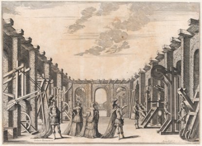 Two men in classical armor and two women looking at the mechanical devices on either side of an open courtyard; set design from 'Il Fuoco Eterno' MET DP874719