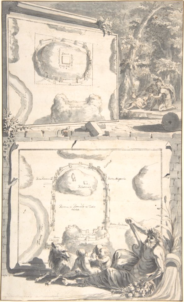 Two Maps of Ancient Rome with a River God and Romulus and Remus MET DP800333