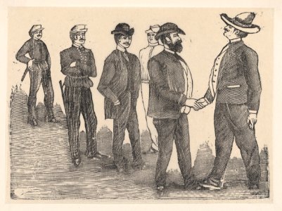 Two men shaking hands in the foreground and officers watching them in the background MET DP869581