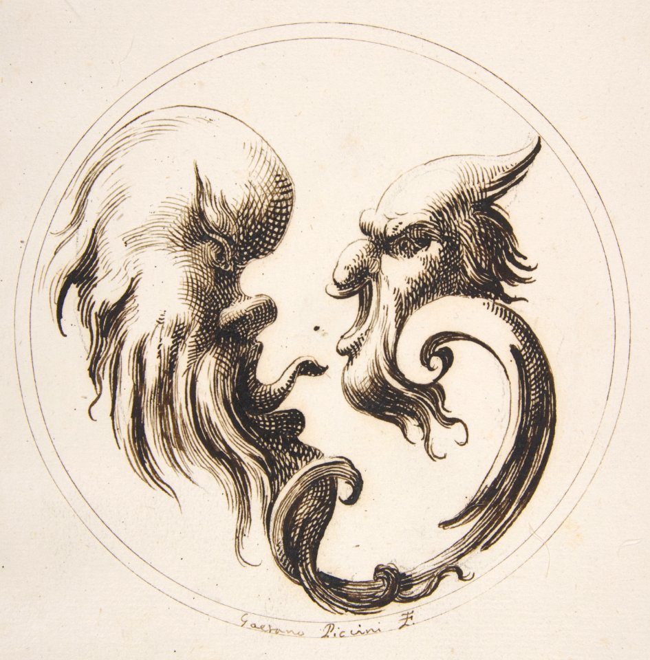 Two Grotesque Heads Facing One Another within a Circle MET DP811144