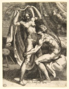 Two lovers, a man pulling a woman toward a bed, from 'The Loves of the Gods' MET DP812673