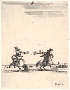 Two horsemen dueling with pistols, one seen from behind riding towards the left, one riding towards right, from 'Various cavalry exercises' (Diverses exercices de cavalerie) MET DP833139