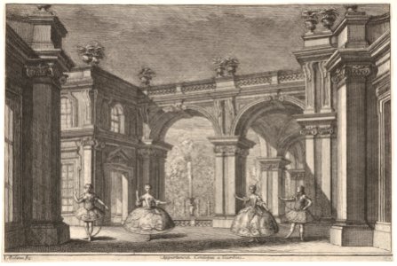 Two ladies and two gentlemen dancing within an ornate architectural setting, a fountain at center in the background, a scene from "Talestri, Regina delle Amazzoni" MET DP832103