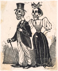 Two elegantly dressed skeletons walking, from a broadside entitled, 'El Gran Panteon Amoroso,' published by Antonio Vanegas Arroyo. MET DP869222-1