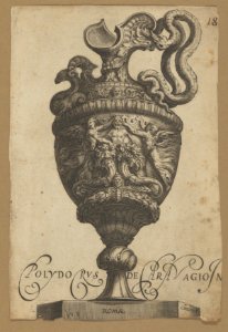 Vase with a monster at center, two cornucopias, and two flanking winged female figures MET DP836907