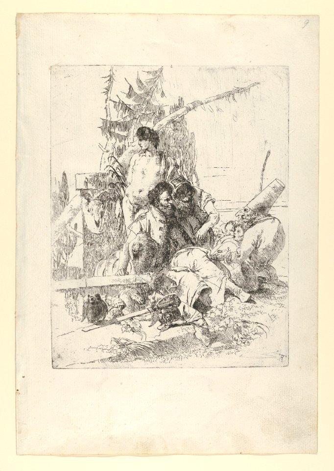 Two Figures Attentive to Punchinello, with Others, from the Scherzi, Giovanni Battista Tiepolo, circa 1743–50