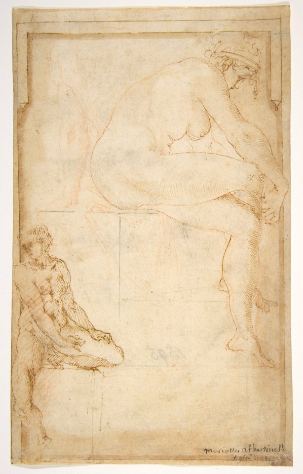 Two Figures in an Architectural Setting- A Female Nude Seated in a Profile View and a Seated Male Nude in a Three-Quarter View with the Left Leg Bent MET DP811490
