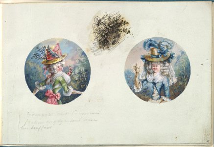 Two Costume Designs or Portrait Types of Two Women with Straw Hats MET DP825810
