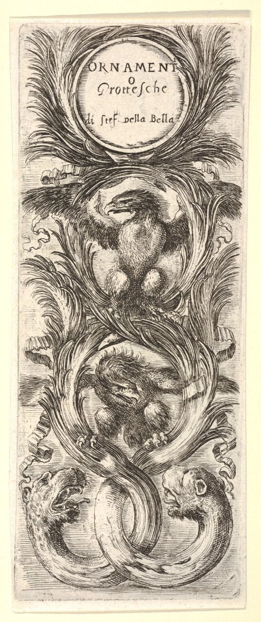 Two eagles with wings spread, below two leopard heads attached to tree trunks that form three circles, from 'Ornaments or Grotesques' (Ornamenti o Grottesche) MET DP833537
