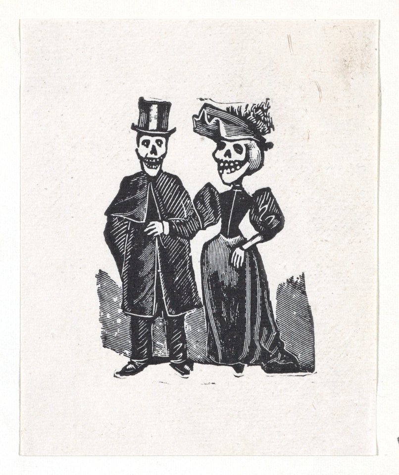 Two elegantly dressed skeletons walking, from a broadside entitled, 'El Gran Panteon Amoroso,' published by Antonio Vanegas Arroyo. MET DP874463
