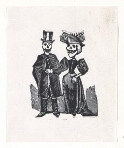 Two elegantly dressed skeletons walking, from a broadside entitled, 'El Gran Panteon Amoroso,' published by Antonio Vanegas Arroyo. MET DP874463