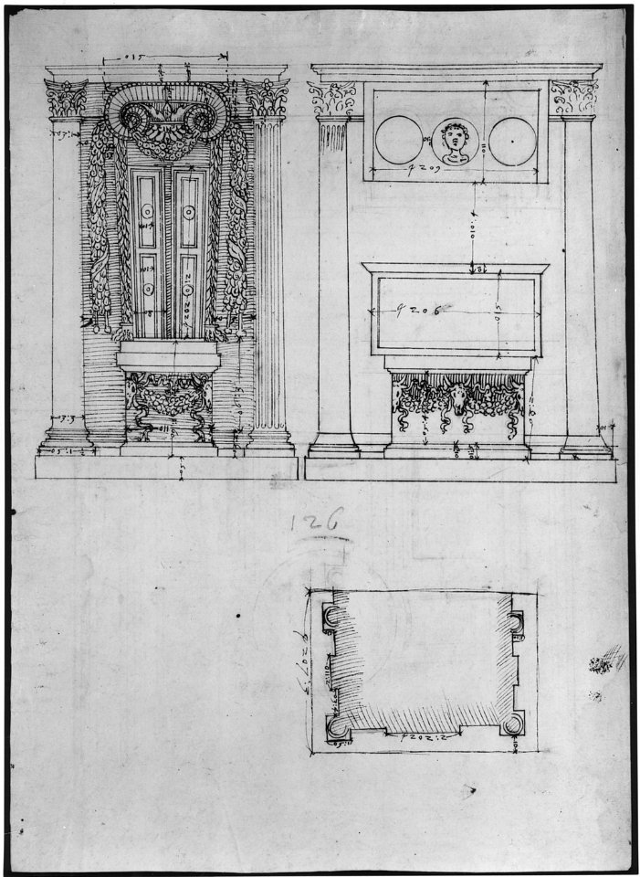 Unidentified, funerary altar, plan and elevations (recto) S. Giovanni Laterano, Oratorio della Santa Croce, paneling, elevation (verso) MET sf68 769 45r-MM43687