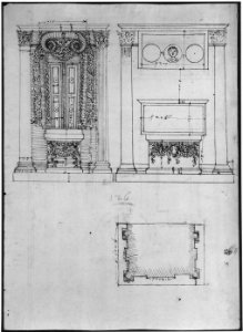 Unidentified, funerary altar, plan and elevations (recto) S. Giovanni Laterano, Oratorio della Santa Croce, paneling, elevation (verso) MET sf68 769 45r-MM43687